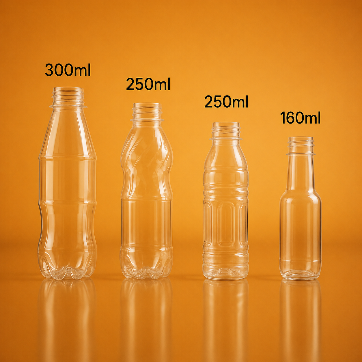 CSD Range Bottles — 300ml, 250ml, 250ml, 280ml PET bottle manufactured by Astr PET Industries